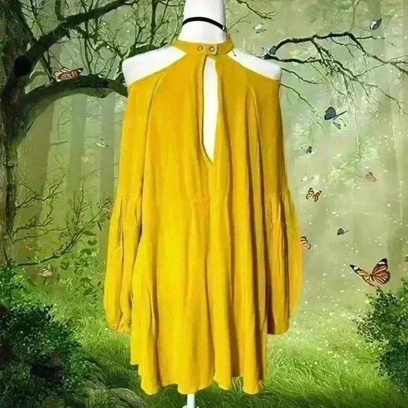 Free  People Drift Away Yellow Cold Shoulder Mini Dress Size L - Picture 7 of 12